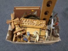 A box of match stick models of a vintage car and a trolley bus, plastic model of a galleon,