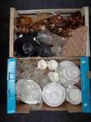 Two boxes of assorted tea and dinner ware, drinking glasses, wooden ornaments,