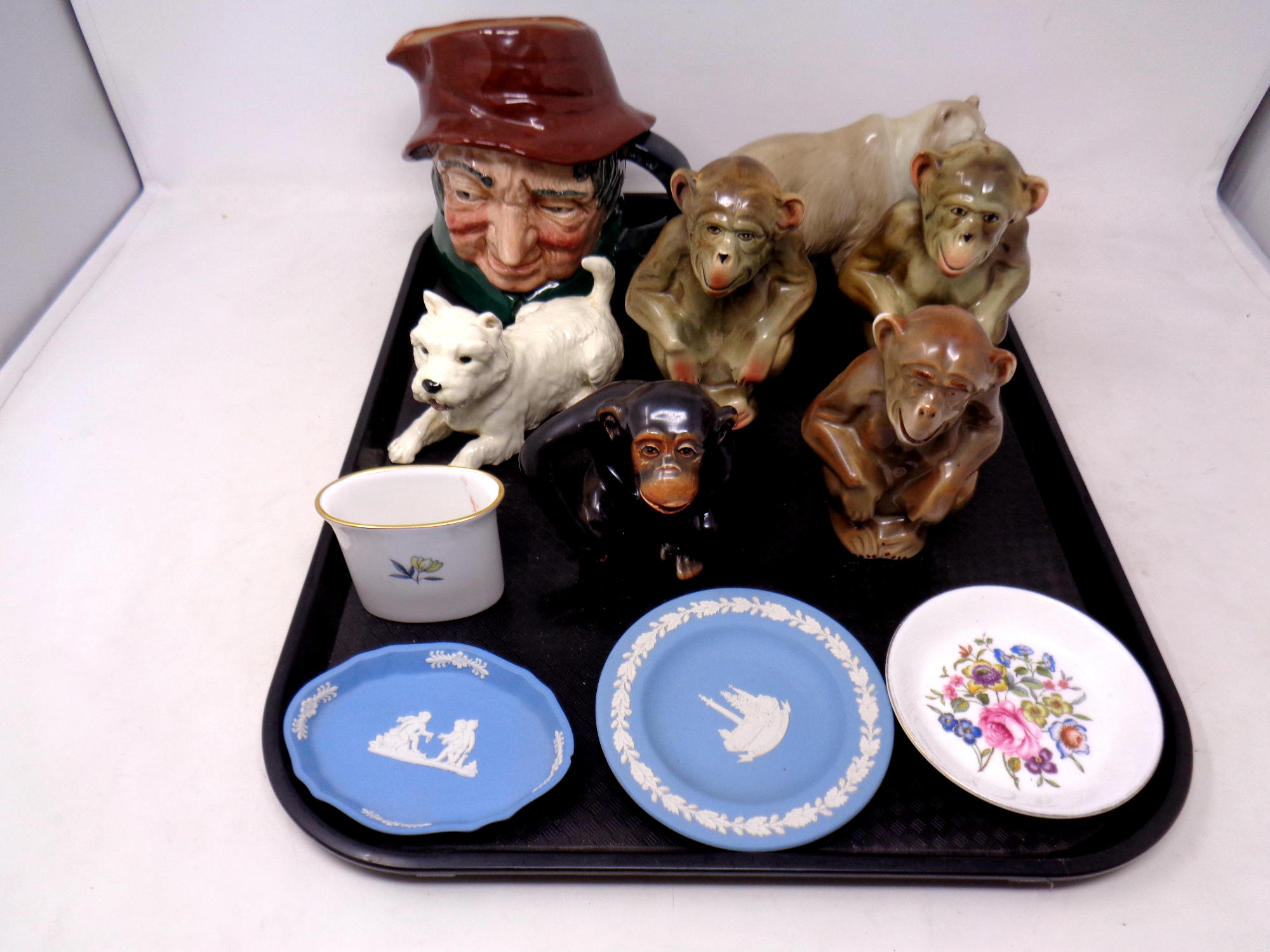 A tray of ceramics - continental animal figures, Wedgwood & other pin dishes,