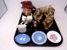 A tray of ceramics - continental animal figures, Wedgwood & other pin dishes,