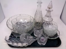 A tray of quantity of cut glass decanters, bowls,