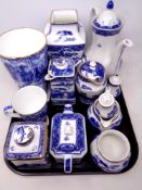 A tray of Ringtons china - willow pattern tea ware, caddies, vases,
