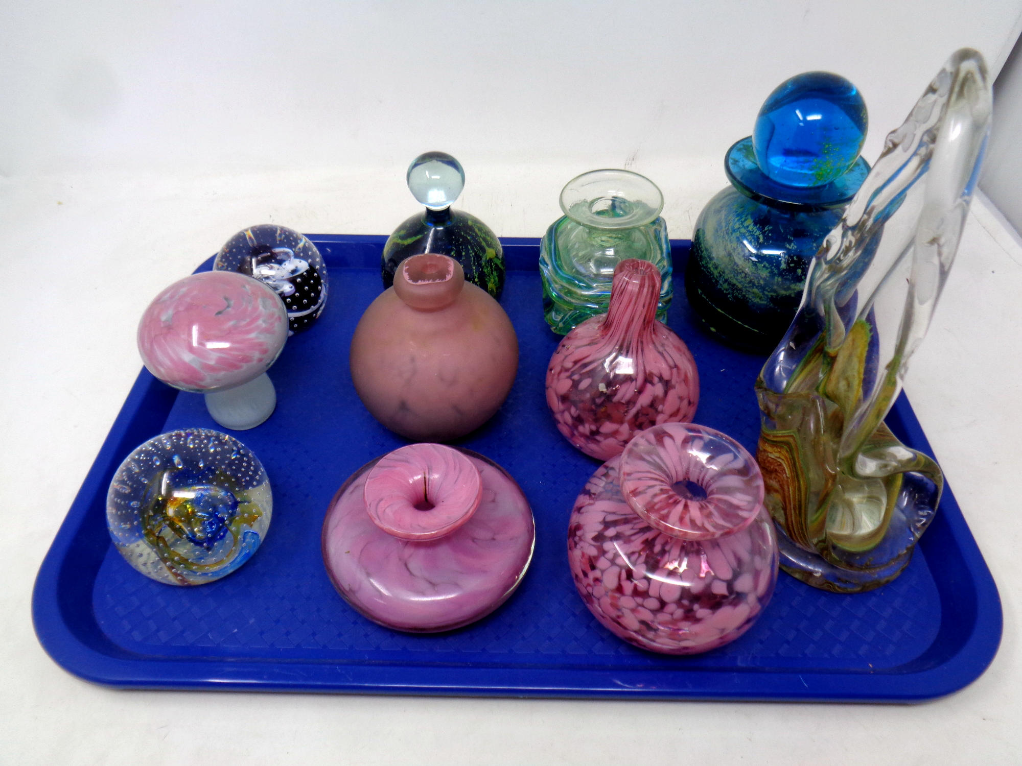 A tray of eleven pieces of glass ware - Caithness paperweight, Mdina paperweight, perfume bottle,