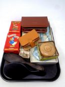 A tray of 20th century gent's travel set, clothes brushes, dressing table set,