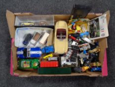 A box of assorted die cast cars - Corgi, Lledo, Matchbox, Noddy, sports cars,