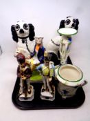 A tray of assorted ceramics - Staffordshire style dogs, Staffordshire Tom King figure,