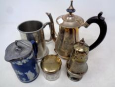 A silver lidded dressing table jar, plated teapot, sugar sifter and tankard,