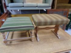 A square blond oak footstool together with a refectory dressing table stool,