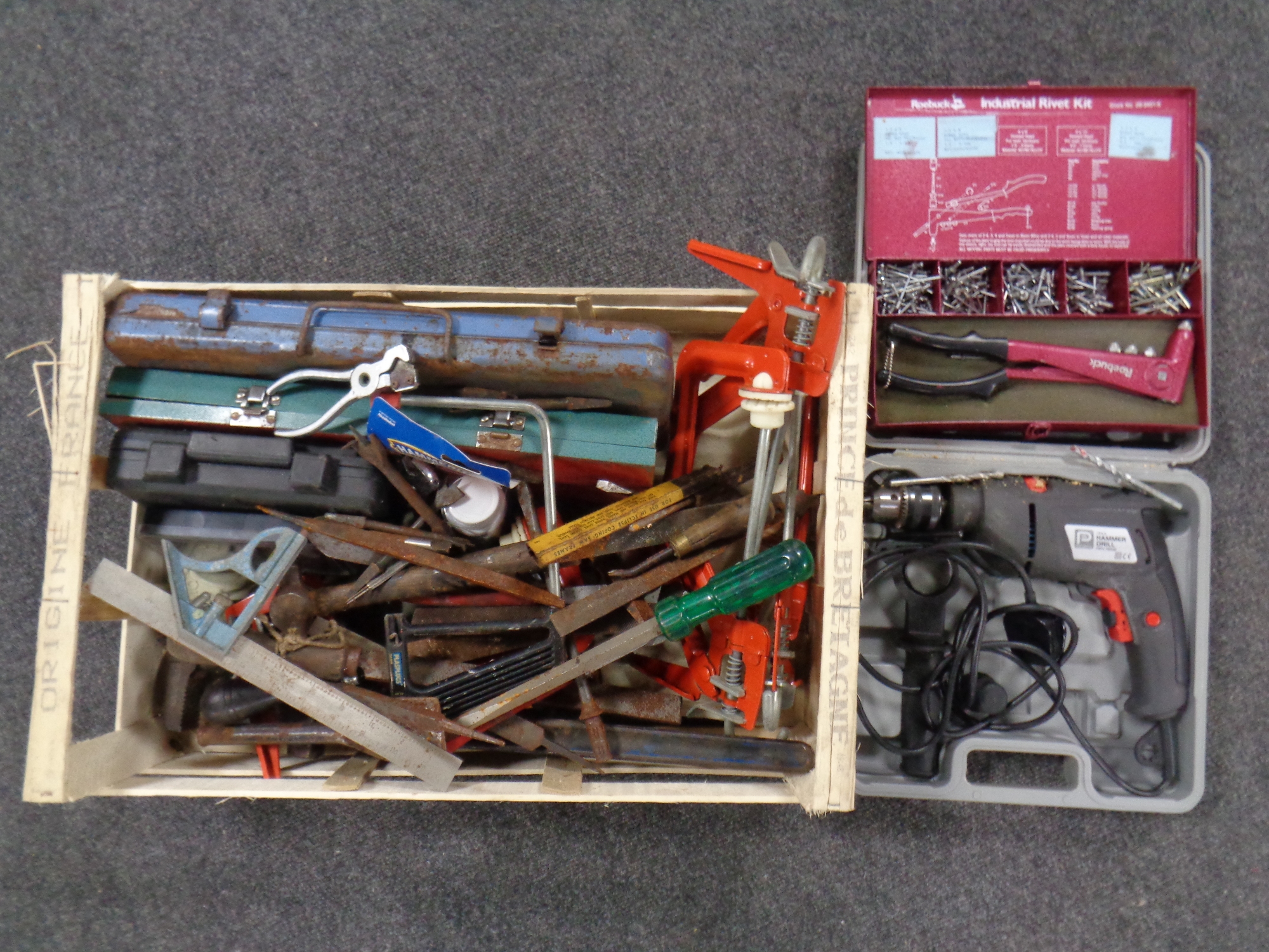 A crate of socket sets, hand tools, etc,