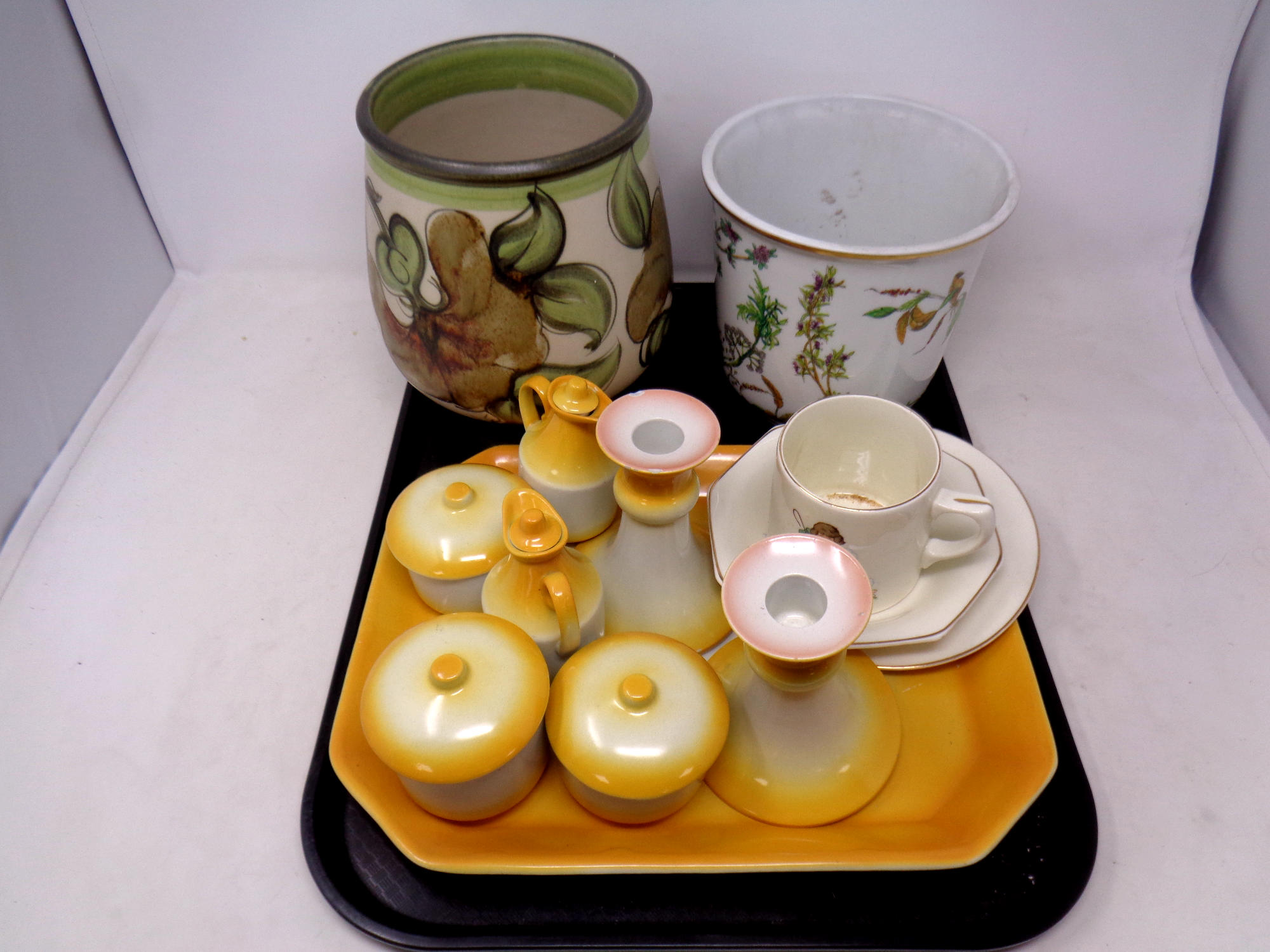 A tray of Limoges planter, Langley Pottery planter, eight piece antique trinket set,