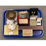A collection of costume jewellery, brass finger bowl, onyx box containing gilt jewellery etc.