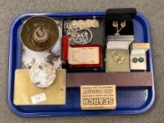 A collection of costume jewellery, brass finger bowl, onyx box containing gilt jewellery etc.