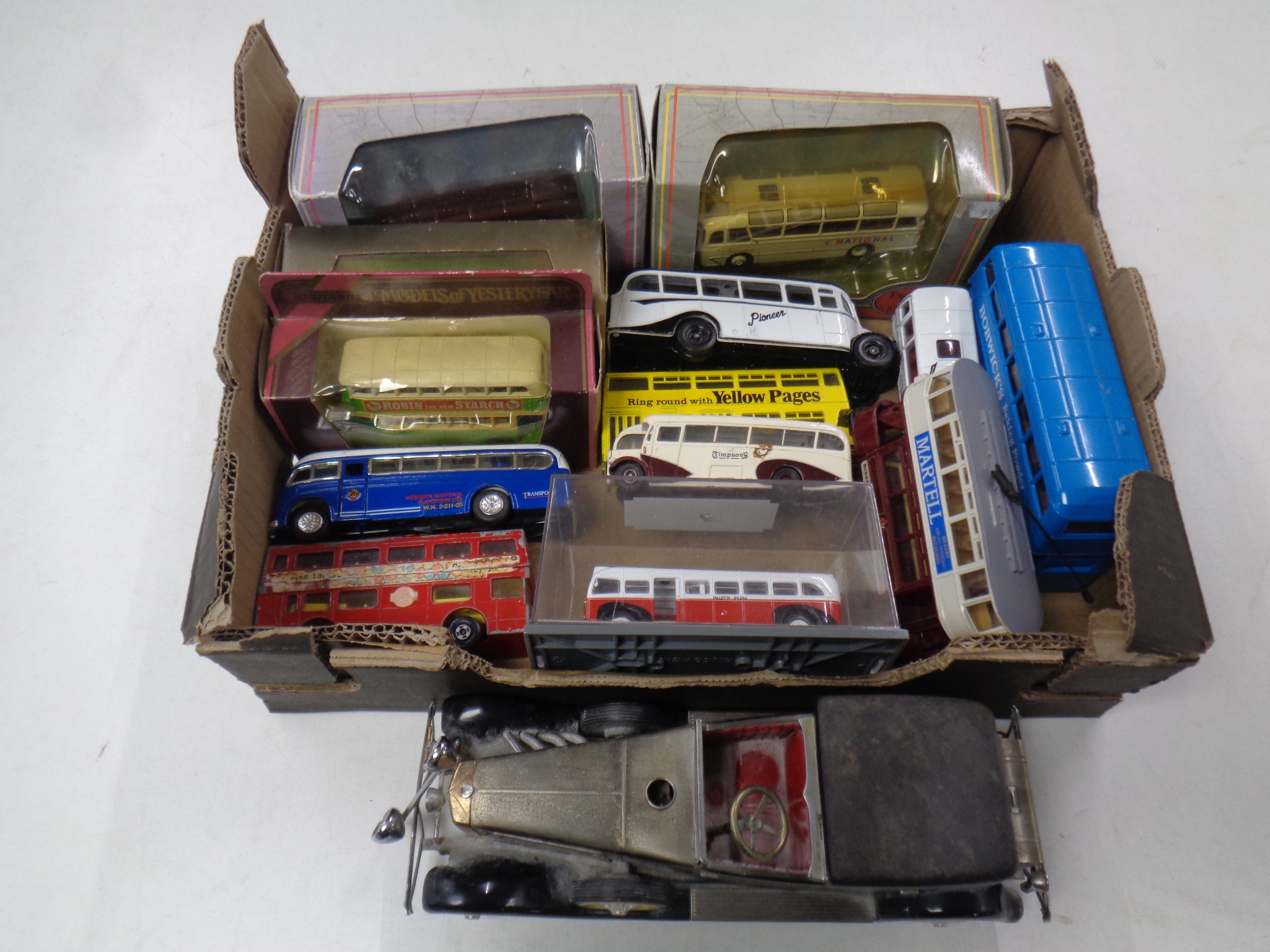 A box of Corgi, Matchbox, busses, coaches,