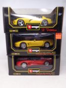 Three Burago 1:18 die cast cars - two x Chevrolet Corvette 1997 and a Dodge Viper RT/10 1992,