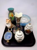 A tray of ceramics including Sylvac dog, Maling bowl, West German vase,
