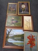 Six framed High Chambers oil paintings on canvas depicting lake with hills, deer, owl, duck etc.