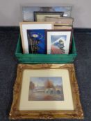 A crate containing a quantity of assorted framed pictures and prints, J.