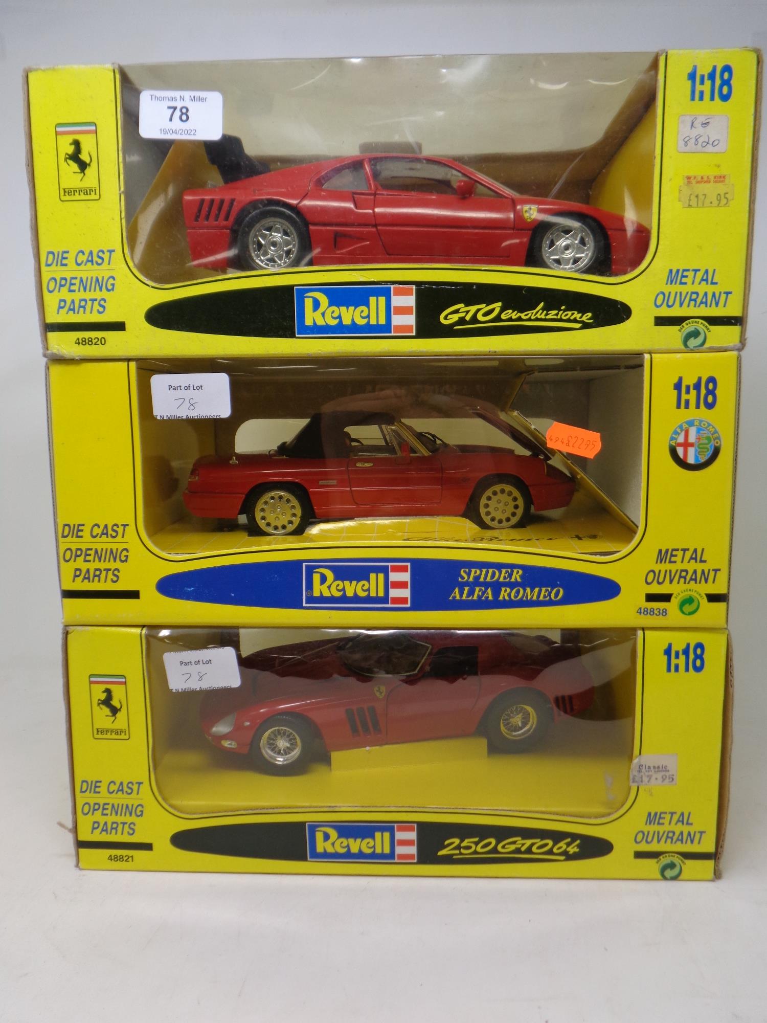 Three Revell 1:18 die cast vehicles - Ferrari GTO Evoluzione,