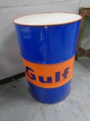 A Gulf oil drum table