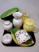 A tray of ceramics, Royal Winton teapot and jug, Royal Winton vases, lidded dish,