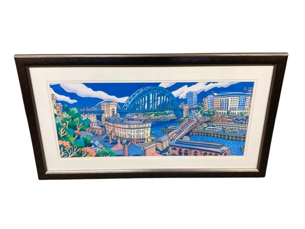 After John Coatsworth : Swing Bridge and Tyne Bridge, Newcastle upon Tyne, colour print,
