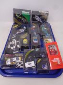 A tray of Onyx Heritage Formula Team Rosberg miniature die cast racing cars and helmets in plastic