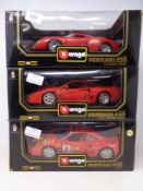 Three Burago Diamonds 1:18 die cast cars - Ferrari F 40 1987 and 1992 and a Ferrari 250 1965 Le