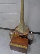 Two antique bell jars together with a plywood wall cabinet,