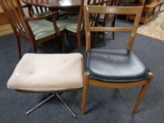 A retro style teak dining chair together with a twentieth century fabric footstool