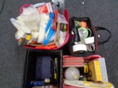 A tub, two crates and bag of hardware including cable ties, tape, measures, chisels,