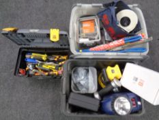 A tool box and two crates of torches, Little Giant ladder system, hand tools wood screws,