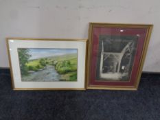 A Paul Nichols watercolour - view up a stream with dwelling beyond in gilt frame,