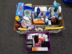 A large quantity of cleaning products, laundry powder, wipes,