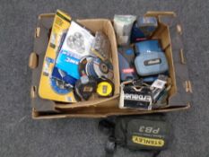 A box of Erbauer accessory kits, Stanley laser level, Grinding discs, drill bits,