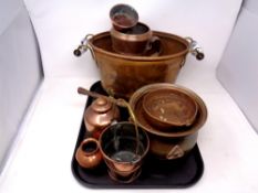 A tray of antique copper ware, twin handled porcelain planter on raised feet, bucket,