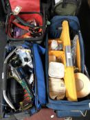 Three tools bags containing fixtures, tape, hand tools, Ryobi batter charger,