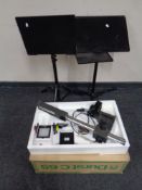 A boxed Durst Mesixcol photographic enlarger together with three metal tripod projector stands