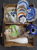 Two boxes containing antique and later ceramics, assorted glass ware,