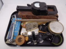 A tray of twentieth century Bakelite cased Ammeter by Ferranti in leather case together with