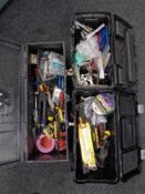 Three plastic tool boxes containing hand tools, dry wall saw, foam tape, super glue,