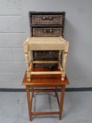 A mahogany square occasional table together with a rush seated stool and wicker five drawer chest