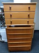 A twentieth century teak five drawer chest together with pine effect three drawer chest