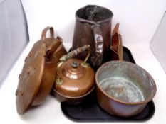 A tray of antique copper ware, kettles, jug,