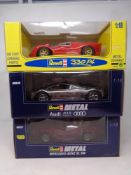 Two Revell 1:18 die cast cars - Mercedes Benz SL 500 and an Audi AVS Quattro and a Revell Jouef