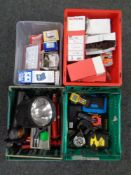 Four crates of inspection lamps, axle stands, tape measures, spot lights, pipe freezing kit etc.