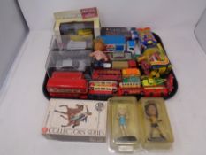 A tray of die cast cars, Corgi busses, Only Fools and Horses van, Shell Classic racing cars,