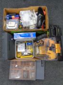Two boxes of drill bits, saw blades, cased tool kits,