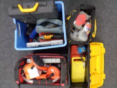 A tool box, crate and two bags containing tool sets, JCB and Clarke, cordless screw driver,