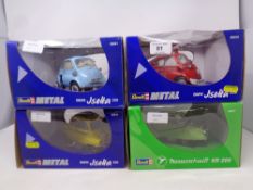 Three Revel 1:18 die cast cars - two x BMW Isetta 250 and a Messerschwitt KR 200,