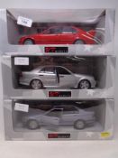 Three UT Models 1:18 die cast cars - two BMW M3 and Mercedes Benz C36 AMG,